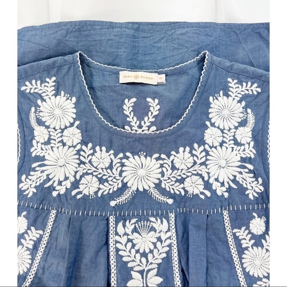 Tory Burch Sz XS Embroidered Chambray Tunic Calita Mini Shift Dress Scallop - Picture 10 of 12